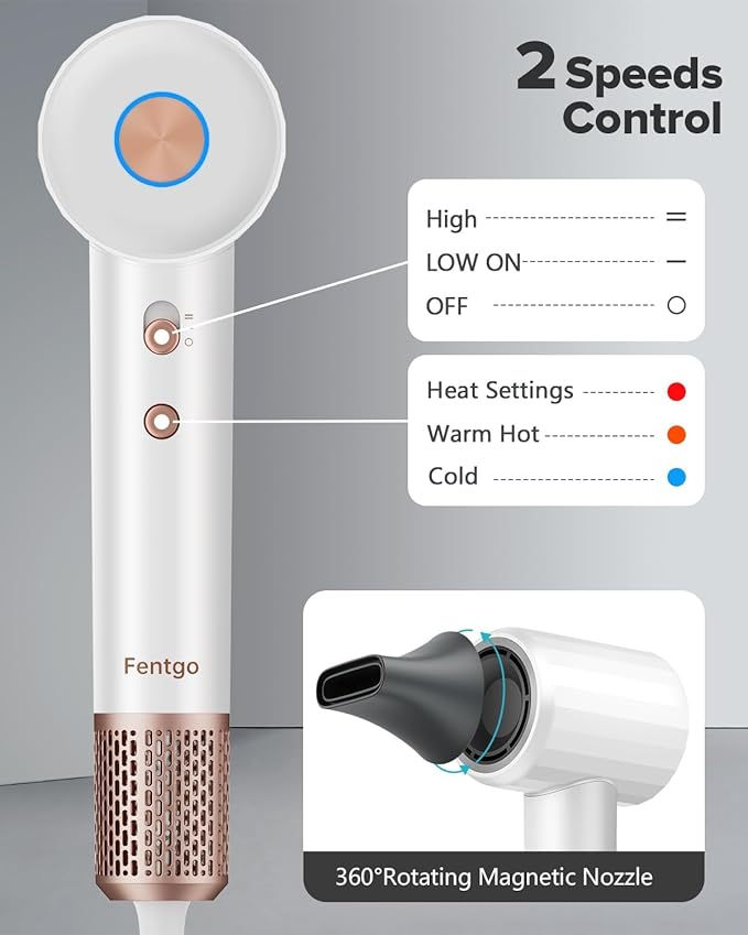 High Speed Ionic Hair Dryer with Diffuser, Professonal Blow Dryer 110,000 RPM Brushless Motor for Fast Drying, 1500W 4Temps /2Speeds, Thermo-Control Hairdryer for Women Home Travel (White)