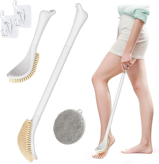 New Foot Brush for Shower, 3-in-1 Foot Scrubber for Wet or Dry Brushing, 10.2’’-27.5’’Adjustable Foot Scrub Brush and Silicone Body Scrubber Set, Gift-Box Packaged(White+Body Loofha)