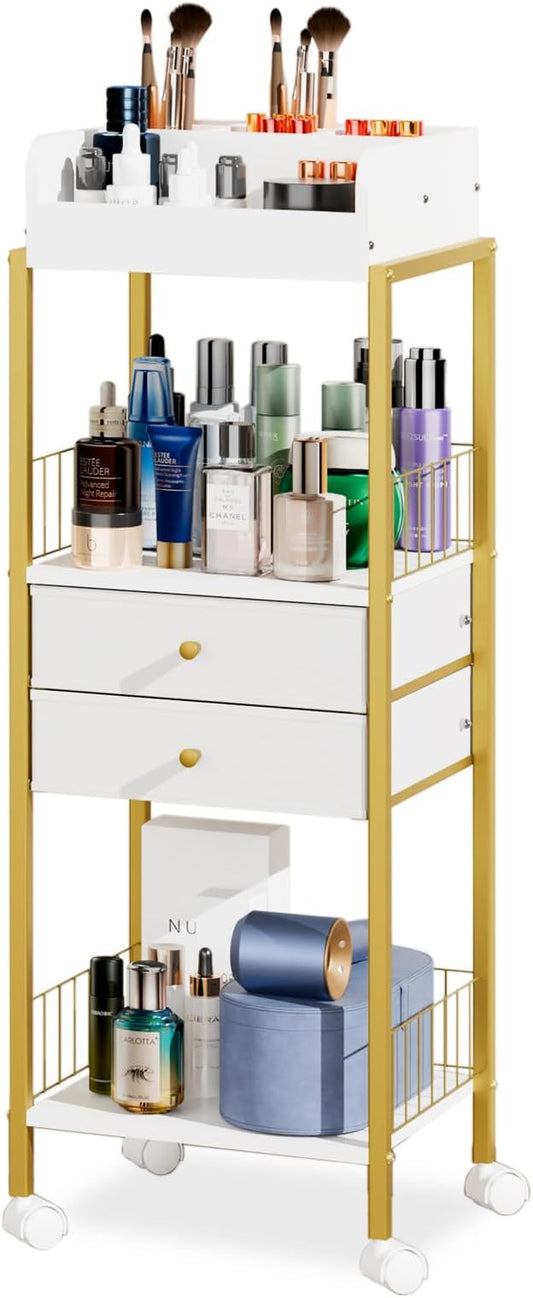 Makeup Organizer Cart Shelf Floor Skincare Organizers Make Up and Station Storage Cabinet For Vanity Standing Cosmetics With Drawers and Wheels For Nail Polish Perfume Hair Tool Holder Beauty(Gold)