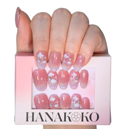 Press on Nails - Handmade 3D Short Medium Oval Almond Fake Nails, Glitter Cat Eye Gel, Durable Reusable False Nails 10 Pcs (Dream Rainbow, XS)