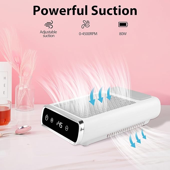CORESLUX Rechargeable Nail Dust Collector, 80W Professional Extractor Vacuum Nail Dust Collector, Low Noise Vacuum Fan Dust Collector for Nail Polishing & Nail Salon Gift (2 Filter)