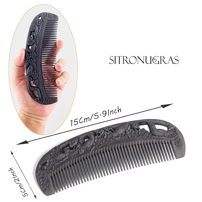 Ebony Wood Comb - Carved Craft Natural Black Sandalwood Hair Comb for Women - No Static Fine Tooth Comb with gift box (Birds and flowers)