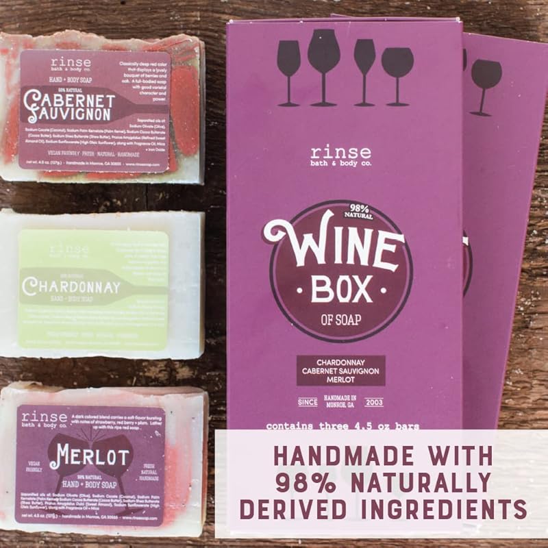 Rinse Bath & Body Wine Soap Set - Handmade Natural Mothers Day Spa Soap Gift for Wine Lovers | Cabernet Sauvignon, Chardonnay & Merlot | Moisturizing & Cleansing | Shea & Cocoa Butter | 12.75oz