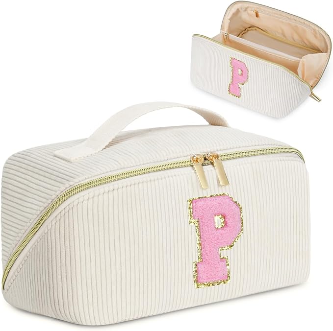 Gifts for Girls, Initial Travel Makeup Bag Women's Day Gift Make up Bag Cosmetic Bags Monther's Day Gifts, Personalized Stuff Bag Cute Makeup Bag Birthday Gifts for Women/Friend/Mother - P