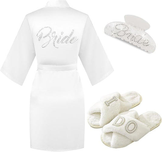 Bride To Be Gift Set - Makeup Bag, Slippers, Robe, Hair Clip - Wedding Gifts