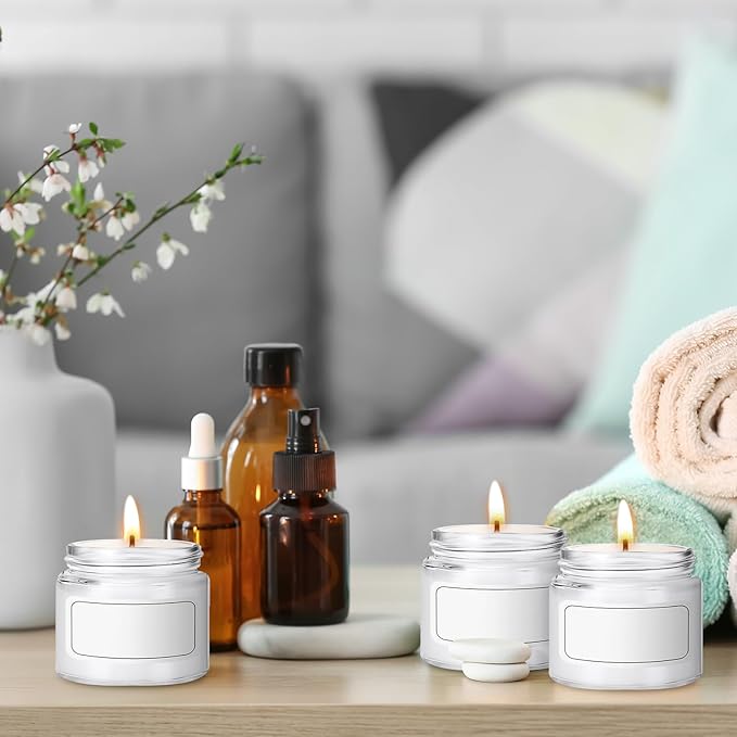 Layhit 12 Pcs Glass Jars with Lids Clear Small Jars with Plastic Woodgrain Lids, White Labels and Inner Liners Empty Round Cosmetic Containers for Creams Lotions Powder Candle Making (2oz/ 60ml)