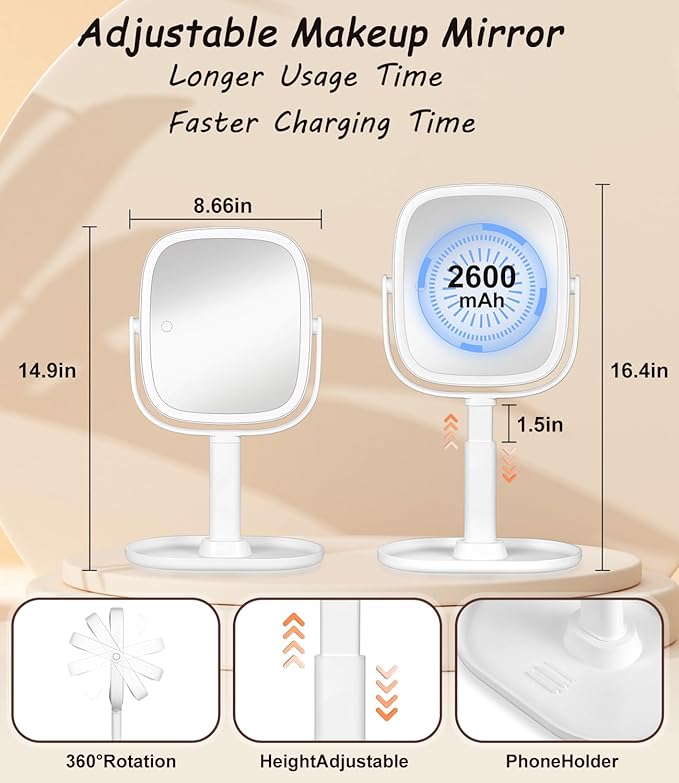 ALLROSE Professional 8" LED Lighted Makeup Mirror, 2600mAh Rechargeable 1x/7x Magnifying Vanity Mirror, 360° Rotation 2-Sided Light up Large Desk Mirror, Height Adjustable Lighted Makeup Mirror