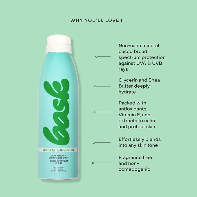 Bask Suncare SPF 30 Mineral Sunscreen Spray - Fragrance Free, Non-Aerosol, Broad Spectrum UVA/UVB Protection, Dermatologist Recommended, Lightweight & Fast-Absorbing, 5.5 oz