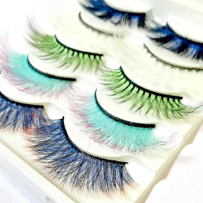 Sunniess Ombre Colored Lashes Silk Protein Fluffy Wispy Volume Fake Lashes for Halloweens Cosplay Party Stage Russian D Curl Lashes with Color Make up Faux Mink False Eyelashes