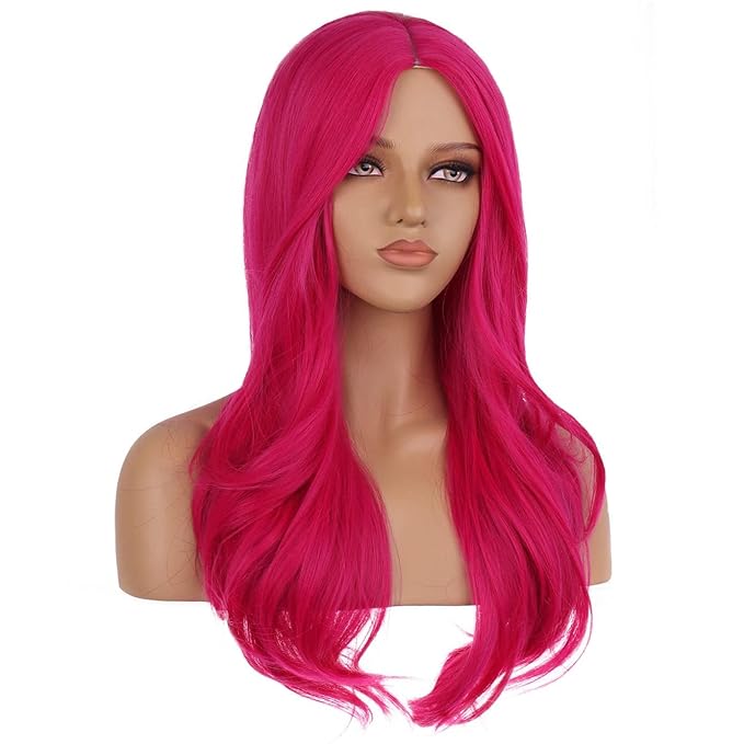BERON Hot Pink Long Wigs for Women Girls Magenta Curly Wavy Hair Wig Middle Part Dark Pink Heat Resistant Synthetic Fiber Wigs