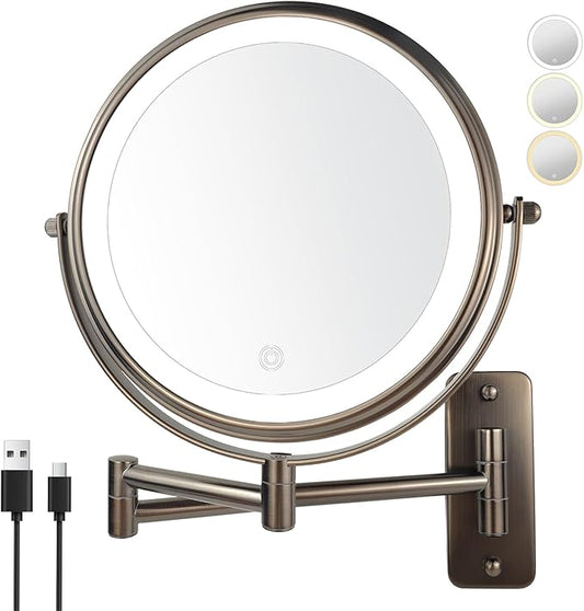 JANEEVA 8 inch Wall Mounted Lighted Makeup Mirror, Rechargeable Double Sided 1X/10X Magnifying Mirror with 3 Color Lights, Touch Dimming Vanity Mirror for Bathroom,Oil Rubbed Bronze