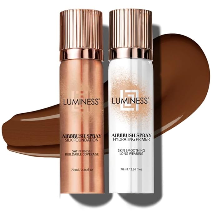LUMINESS Silk Airbrush Spray Foundation & Primer Kit - Full Coverage Foundation, Anti-Aging Formula Hydrates & Moisturizes with Hyaluronic Acid, Aloe Vera & Hydrolyzed Silk (Shade - Deep Dark)