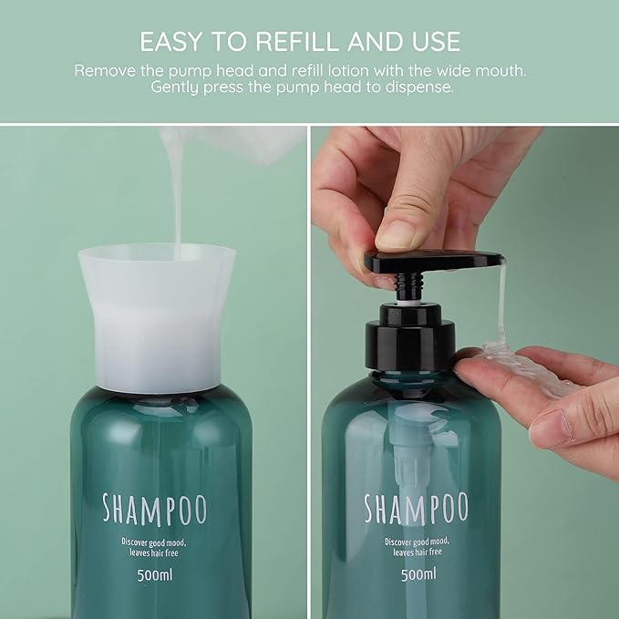 Shampoo Bottles with 2 Extra Pumps, Segbeauty 3pcs 16.9oz Bathroom Shampoo and Conditioner Dispenser with Funnel, 500ml Empty Plastic Refillable Shampoo Bottles for Shower, Large Pump Bottles Blue