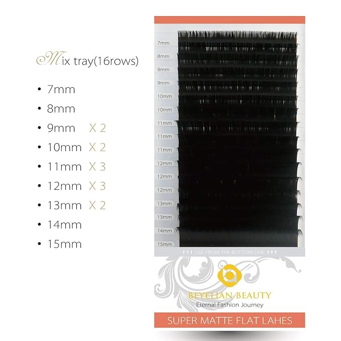 BEYELIAN Ellipse Flat Lash Extension 16 Rows 0.15/0.20 C/D Curl 7-15mm Mix & Single Length Tray, Matte Black Classic Eyelash Extensions Supplies (0.15 D 7-15mm)