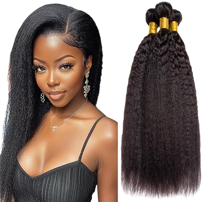 Color 1B Human Hair Bundles Yaki Straight Natural Color Kinky Straight Bundles Brazilian Human Hair Soft and Silky for Women 24 26 28 Inch
