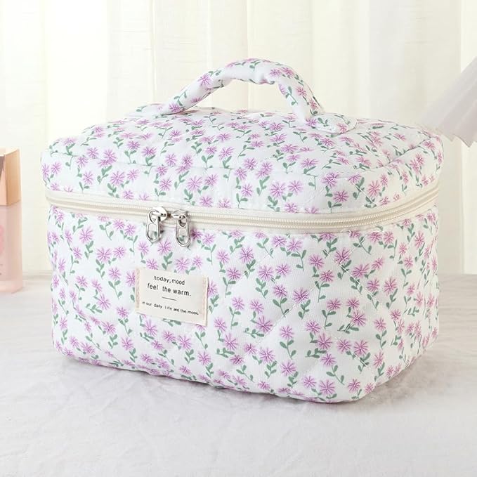 3Pcs Makeup Bag Cotton Quilted Travel Cosmetic Bag Cute Floral Makeup Pouch Large Toiletry Bag for Women Girls (Flowers-Pink)