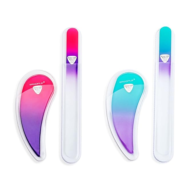 BONA FIDE BEAUTY Drop Ergonomic Glass Nail File Manicure Set - 4-Pieces Comfort Grip Ergofile Czech Glass