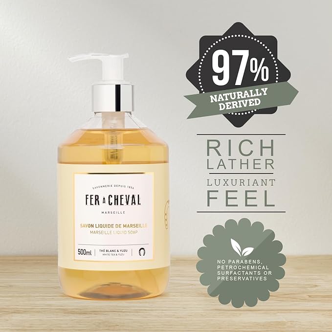 Fer à Cheval White Tea & Yuzu Marseille Liquid Soap | Shea Butter & Sweet Almond Oil, Luxurious Hydration, 97% Natural Ingredients - Set of 2, 16.9 f oz