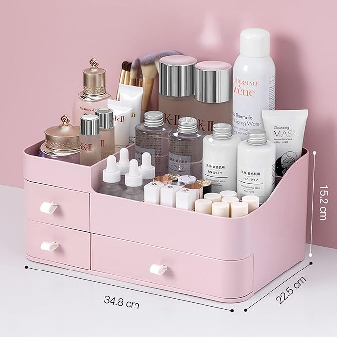 skin care organizer,Makeup Desk Organizer With Drawers,Countertop Organizer for Cosmetics,Vanity brush with Holder for Lipstick, Brushes, Eyeshadow, and Desktop Finishing Dresser (A-Large-pink)