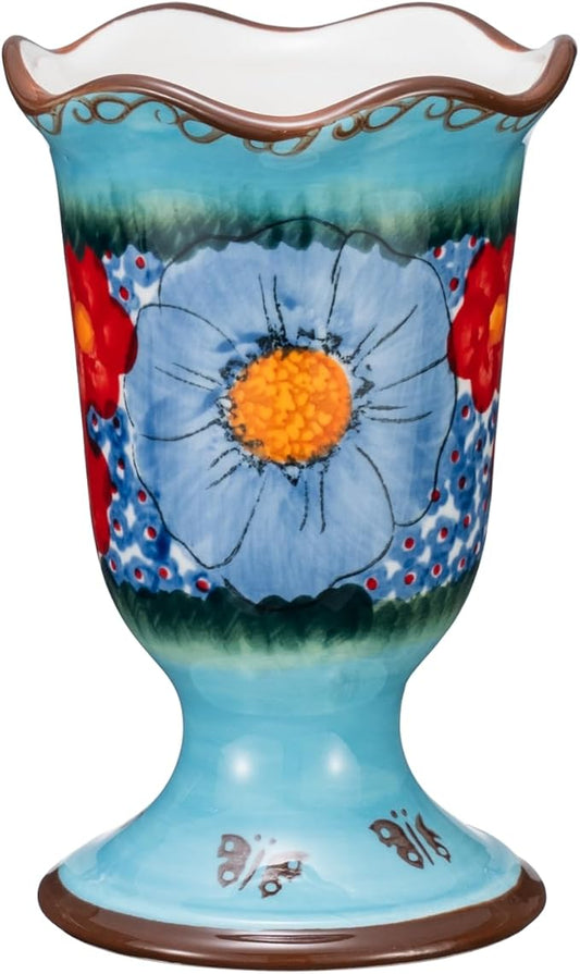 Handmade Home Desktop Storage Cups, Ceramic Hand-Painted Makeup Brush Holder Organizer, Pen Holder, Toothbrush and Toothpaste Holders, Small Plant Pots Indoor with Drainage, Glazed Blue