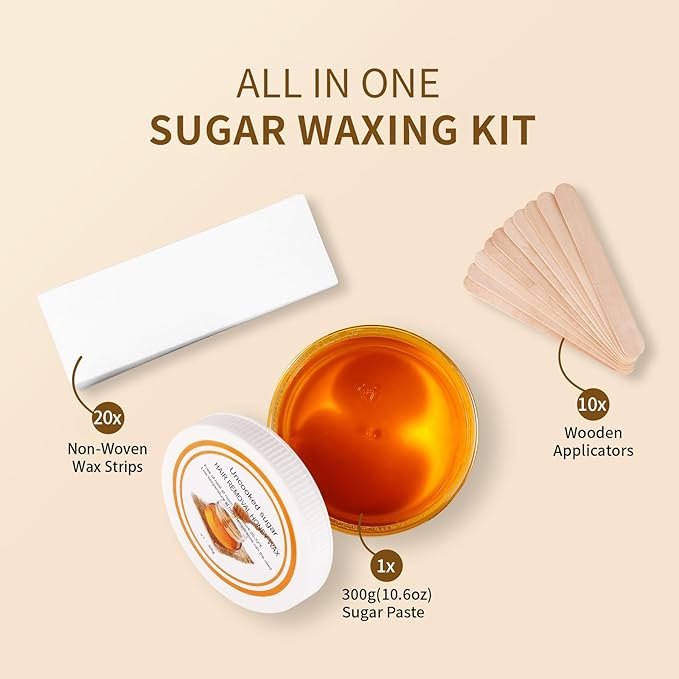 Sugar Wax Kit for Hair Removal: 300g/10.6oz Organic Sugaring Wax for Body Leg Arm Bikini Back - Includes 20PCS Strips & 10pcs Sticks