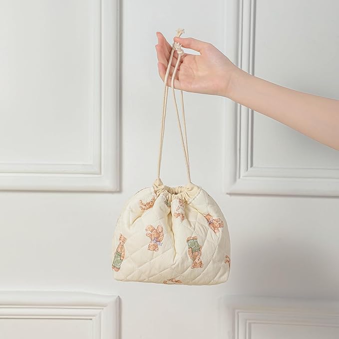 3pcs Large Cotton Quilted Makeup Bag Set,Coquette Aesthetic Cute Travel Toiletry Bag,Drawstring Gift Bag for Women and Girls(3Pcs White Bear)