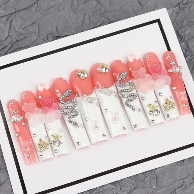 Handmade 3D Extra Long Gummy Bear Square Press On Nails,Luxury Diamond Pink Cotton Candy Salon False Nails with Design Nail Art Gifts for Women and Girls 10Pcs,Size S