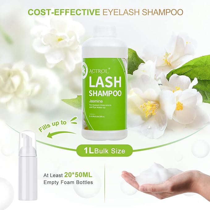 Eyelash Extension Cleanser Jasmine 1L Natural Lash Extension Shampoo Professional Eyelid Foaming Cleanser Paraben & Sulfate Free Non-lrritating with Salon and Home Care