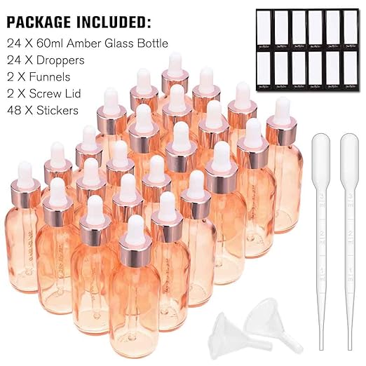 24 Pack 2 Oz Glass Eye Dropper Bottles Rose, 60 ml Empty Tincture Dropper Bottle with Scale droppers, 1 Extra Cap, 2 Plastic Funnels, 2 Pipettes & 48 stickers for Essential Oils, Body Oil