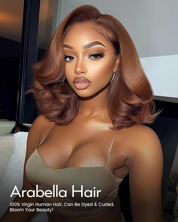 Arabella 5x6 Chocolate Brown Bob Wig Human Hair Ready to Go Glueless Wigs Human Hair 210% Density Pre-Cut Lace Wigs Pre Bleached Tiny Knots Body Wave Lace Front Wig (14inch, 5x6 4# Glueless Bob)
