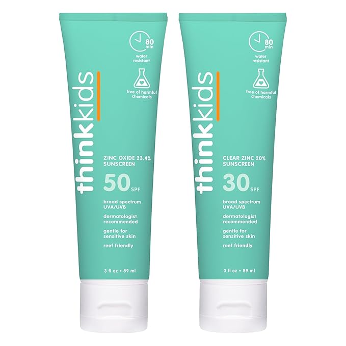 Thinkkids SPF 50+ Mineral Sunscreen, 3 oz + Thinkkids SPF 30 Clear Zinc Oxide Sunscreen, 3 oz, Water Resistant, Broad Spectrum UVA/UVB Sun Protection