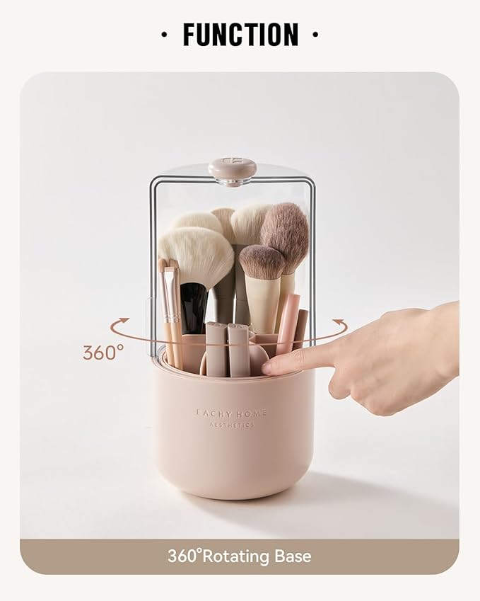 EACHY Makeup Brush Holder 360° Rotating with Dustproof Lid, Waterproof Material, 7 Compartments for Organized Storage, Stylish and Durable Design for Vanity or Bathroom (Pink)
