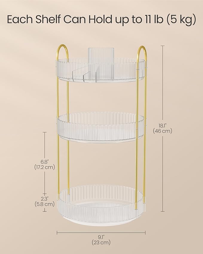 SONGMICS Makeup Organizer, 3-Tier Round Rotating Skincare Organizer Countertop, Customizable, Toiletries Vanity Organizer, Lazy Susan, Gift for Mom, Transparent UJKA011W02