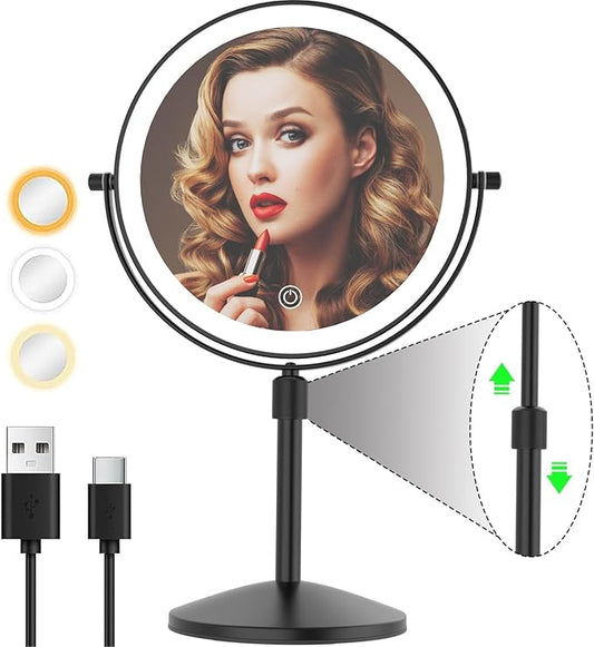 8" Lighted Makeup Mirror, 1X/10X Magnification Mirror with Light, Double Sided Dimmable Mirror, Rechargeable & Brightness & Height Adjustable, Cordless Vanity Mirror(Matte Black)