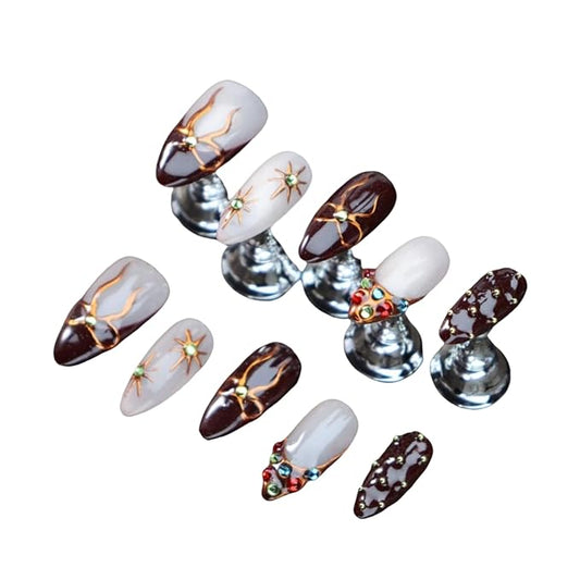 Almond Press on Nails Handmade Medium Long/Stiletto 3D Flower Fake Nail with Designs, Women Reusable False Nails (Bowknot Brown, L)