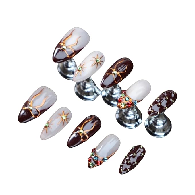 Almond Press on Nails Handmade Medium Long/Stiletto 3D Flower Fake Nail with Designs, Women Reusable False Nails (Bowknot Brown, S)