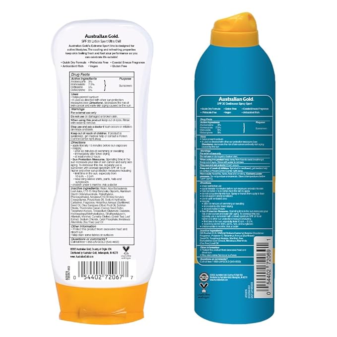 Australian Gold Extreme Sport Continuous Spray Sunscreen SPF 50(Broad Spectrum/Sweat & Water Resistant/Non-Greasy), Sport - New, Coastal Breeze, 6 Oz (2 Pack)3 Ounce(Pack of 2) SPF50-Spray & Lotion