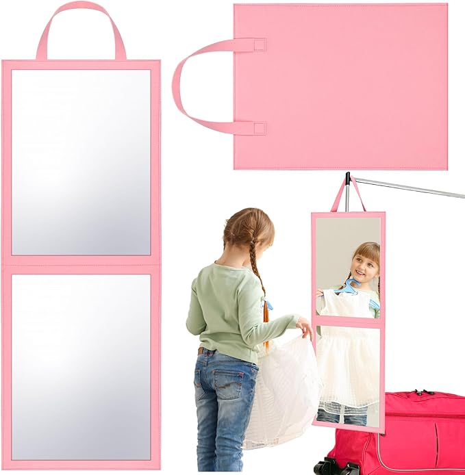 Travel Hanging Mirror 33.5 x 13.4 Inch Dance Bag Mirror Backstage Foldable Hanging Christmas for Gifts Dance Bag Dancers Artists Aestheticians Home Spa Events(Pink)