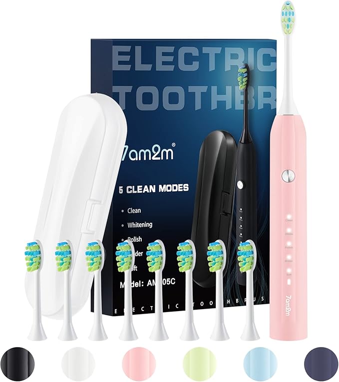 7AM2M Sonic Electric Toothbrush for Adults and Kids with 8 Brush Heads and Travel Case,5 Modes with 2 Minutes Build in Smart Timer, One Charge Use for 90 Days, Rechargeable Toothbrushes(Pink)