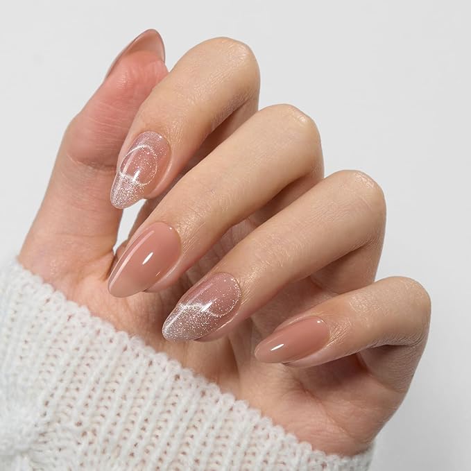 VSALON 42 Count Almond Press-On Nails, 32 PCS Pink French Tip & Cat Eye Nails, 2 Sets of 21 PCS Each, Full Well Tips, Plastic Material, False Nails, Up to 28 Days Wear, UV Glue Included