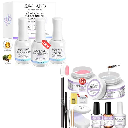 Saviland 15ml Builder Nail Gel In A Bottle Set, 10S Quick-dry Clear Pink Hard Gel Base & Top Gel with Castor Oil & Vitamin E Ingredient Strengthener Extension Repair Nail Art Home Salon