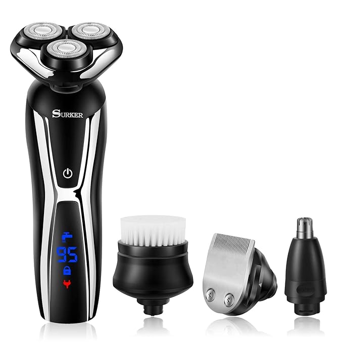 SURKER Electric Shaver Razor Cordless Beard Trimmer for Men Nose Hair Trimmer 3 in 1 Trimmer Grooming Kit Plus 1 Facial Cleansing Brush Waterproof USB Rechargeable Dry Wet