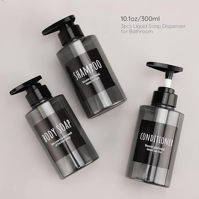 Empty Shampoo Bottles, Segbeauty 10.1oz Plastic Pump Dispenser Bottle, 3pcs 300ml Refillable Shampoo Pump Bottles for Shower, Grey Pump Bottles for Body Soap Shampoo Hair Conditioner Hotel Bathroom