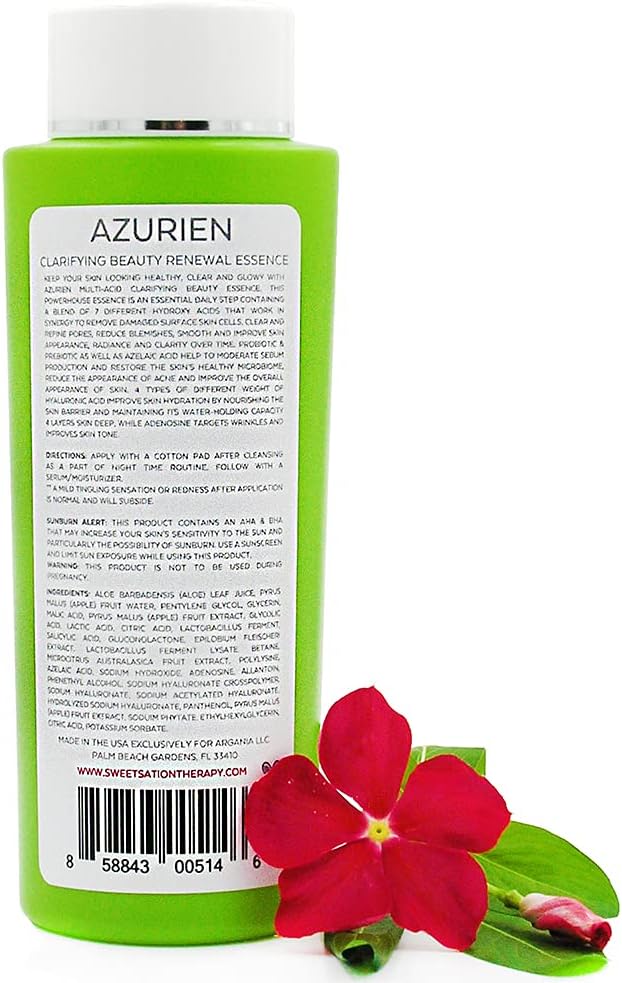 Sweetsation Therapy/YUNASENCE AZURIEN Clarifying Beauty Renewal Essence, 6oz. with Blend of 7 Types of AHA+BHA+PHA to Gently and Naturally exfoliate and Renew.
