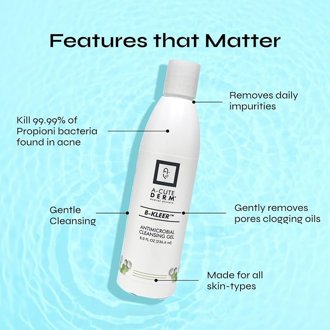 A-Cute Derm B-Kleer Cleansing Gel Acne Cleanser that Purify and Protect Your Skin from Clogged Pores for All Skin Types (8oz)