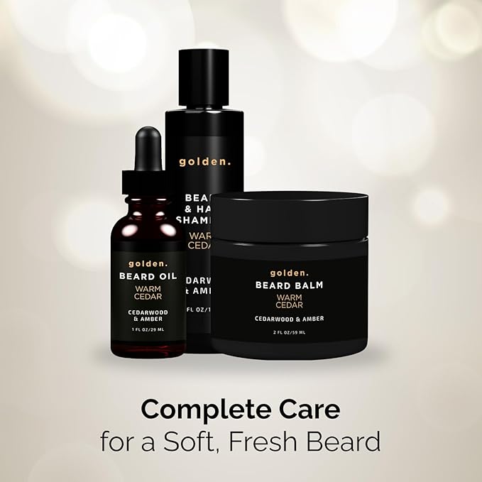 Golden Grooming Co. Everyday Beard Bundle – Complete Beard Care Set | Includes Beard Oil, Balm & Shampoo (Regular, Warm Cedar)