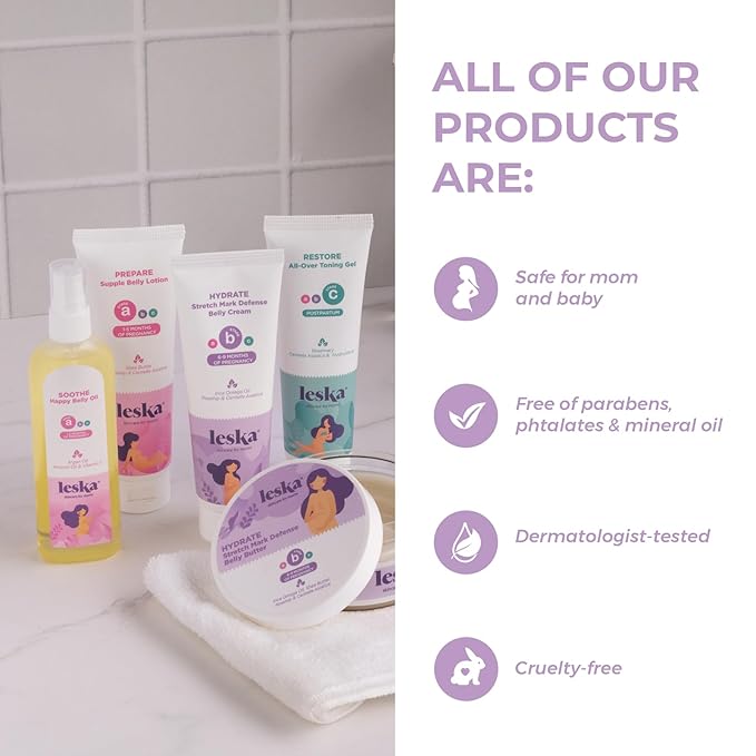 Leska Pregnancy Stages A & B Set | Belly Lotion, Belly Oil, Stretch Mark Defense Cream & Butter | Pregnant Mom Months 1-9 | Part of Complete 3-Part Pregnancy Skincare System (Set of 4, 4-4.93oz)