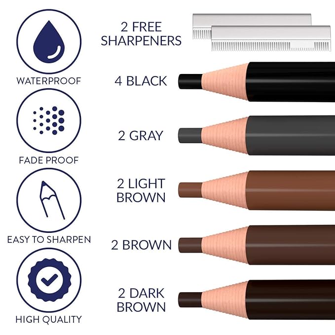 Bundle of Microblading Supplies 12 Piece Waterproof Eyebrow Pencil Set In 5 Colors and 10 Piece Tattoo Practice Skin For Eyebrows: Permanent Makeup Silicone Skin To Practice Brow Micro-Blading