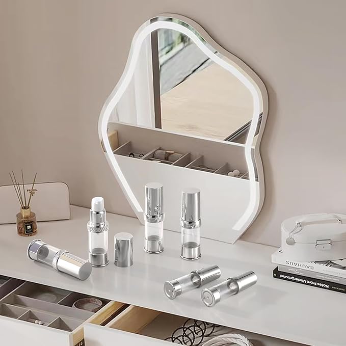 silvery travel size bottle with bag set, airless real pump bottle, reusable vacuum bottle, lotion, hand sanitizer, essence, etc (12 packs) 5ml/10ml/20g ZKP-YS-5-10-15