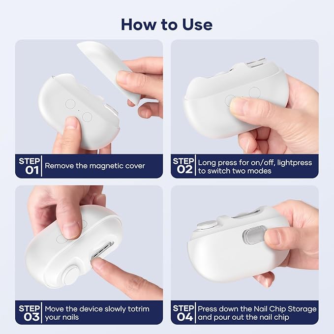 Acina 2025 Upgraded Electric Nail Clipper with LED Light & Clip Storage, USB Rechargeable Automatic Nail Trimmer for Baby Kids Adults Seniors, Portable Travel-Friendly Nail Clippers(White, Large)